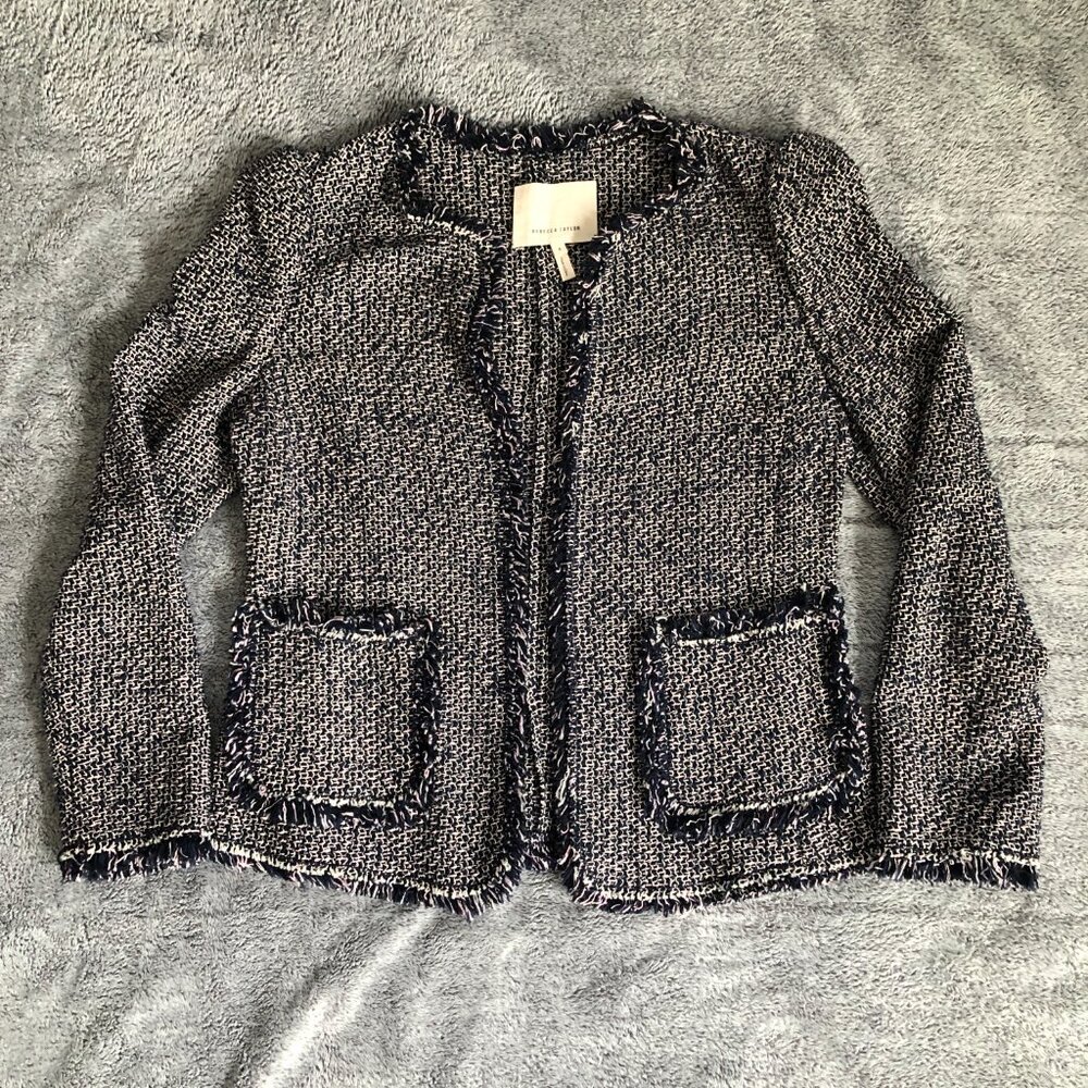 Rebecca Taylor tweed jacket blazer Sz 4. Navy blue, pink and white.